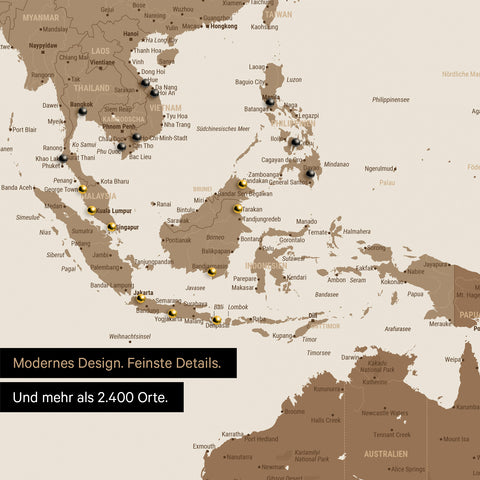 Ausschnitt einer Weltkarte in Multicolor Braun zeigt Karte von Südost-Asien mit Pins von besuchten Reisezielen