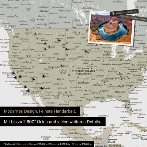 Detailreiche Weltkarte als Pinnwand in Multicolor Sage zur Markierung von bis zu 2.600 Reisezielen in den USA, Kanada und Mexiko, Ideal für die visuelle Darstellung vergangener Reisen und zukünftiger Reisepläne