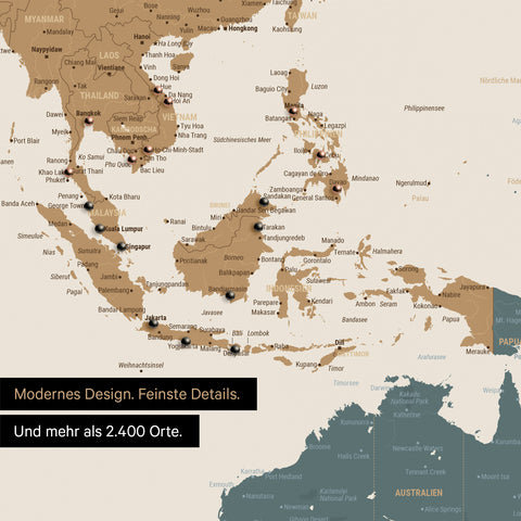 Ausschnitt einer Weltkarte in Multicolor Vivid zeigt Karte von Südost-Asien mit Pins von besuchten Reisezielen