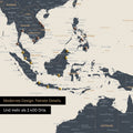 Ausschnitt einer Weltkarte in Navy Light zeigt Karte von Südost-Asien mit Pins von besuchten Reisezielen