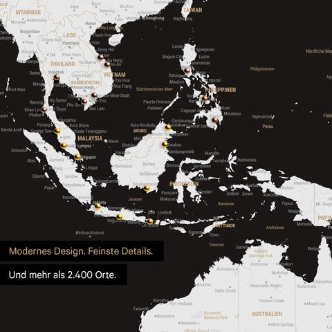 Ausschnitt einer Weltkarte in Schwarz-Weiß zeigt Karte von Südost-Asien mit Pins von besuchten Reisezielen