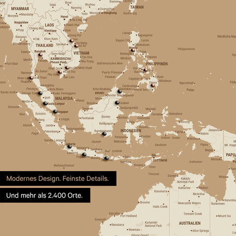 Ausschnitt einer Weltkarte in Gold-Beige zeigt Karte von Asien