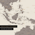 Ausschnitt einer Weltkarte in Warmgray (Braun-Beige) zeigt Karte von Südost-Asien mit Pins von besuchten Reisezielen