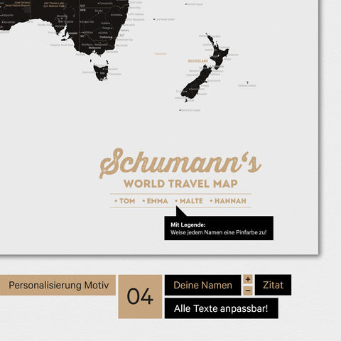 Weltkarte in Farbe Light Black mit Personalisierung als Familien-Logo
