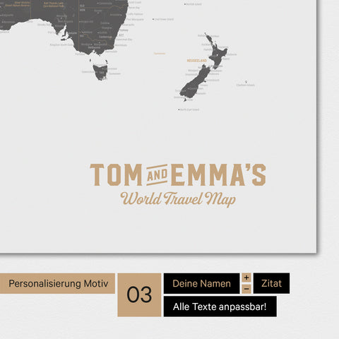 Weltkarte in Farbe Light Gray mit einem Vintage-Logo als moderne Personalisierung