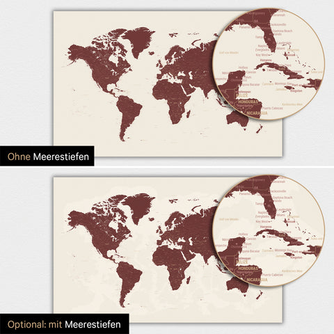 Weltkarte-Magnetboard in Bordeaux Rot mit zweidimensionalen Meerestiefen