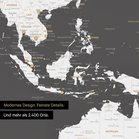 Ausschnitt einer magnetischen Weltkarte in Dunkelgrau zeigt Karte von Asien, auf der Magnete Reiseziele markieren