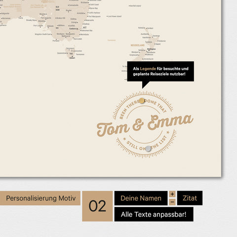 Personalisierte Magnet-Weltkarte in Gold mit eingedruckten Namen und einer Legende zur Markierung von besuchten Orten