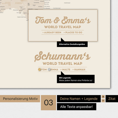 Magnetboard Weltkarte in Gold mit Personalisierung als Logo mit Familiennamen