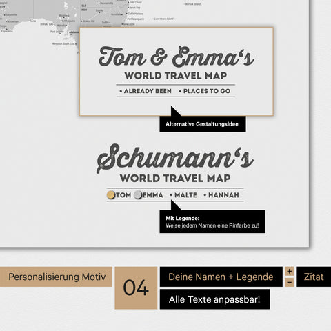 Magnetboard Weltkarte in Multicolor Grau mit Personalisierung als Logo mit Familiennamen