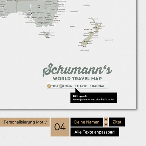 Magnetboard Weltkarte in Multicolor Sage mit Personalisierung als Logo mit Familiennamen