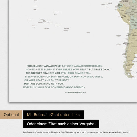 Magnetische Weltkarte in Multicolor Sage mit eingedrucktem Zitat von Anthony Bourdain