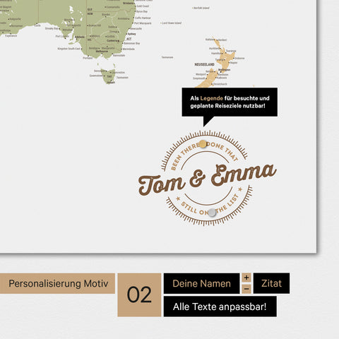 Personalisierte Magnet-Weltkarte in Multicolor Sienna mit eingedruckten Namen und einer Legende zur Markierung von besuchten Orten