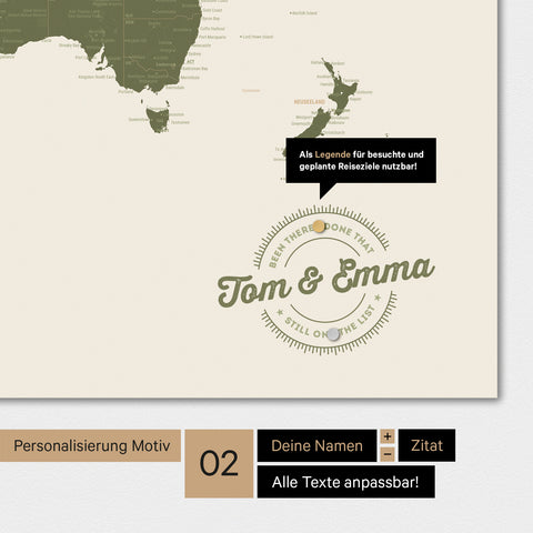 Personalisierte Magnet-Weltkarte in Olive Green mit eingedruckten Namen und einer Legende zur Markierung von besuchten Orten