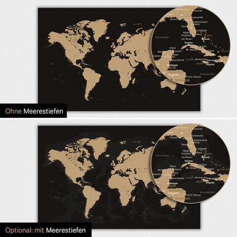 Weltkarte-Magnetboard in Sonar Black (Schwarz-Gold) mit zweidimensionalen Meerestiefen