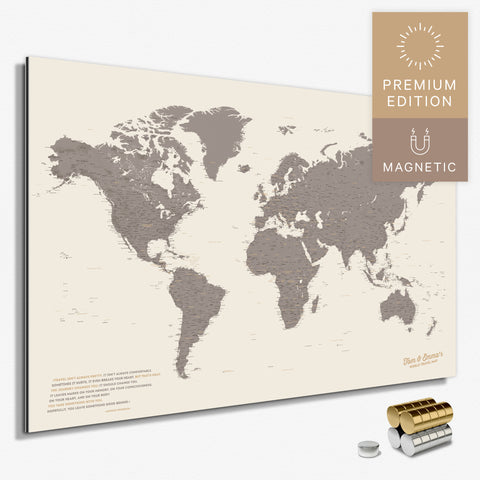 Magnetische Weltkarte in Warmgray (Braun-Grau) als Magnetboard zum Pinnen und Markieren von Reisezielen kaufen