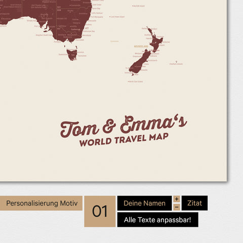 Personalisierte Weltkarte als Magnetposter in Bordeaux Rot mit deinem Namen eingedruckt
