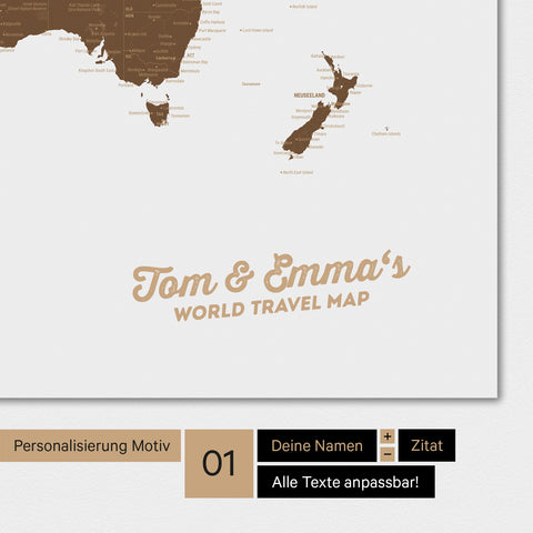 Personalisierte Weltkarte als Magnetposter in Braun mit deinem Namen eingedruckt