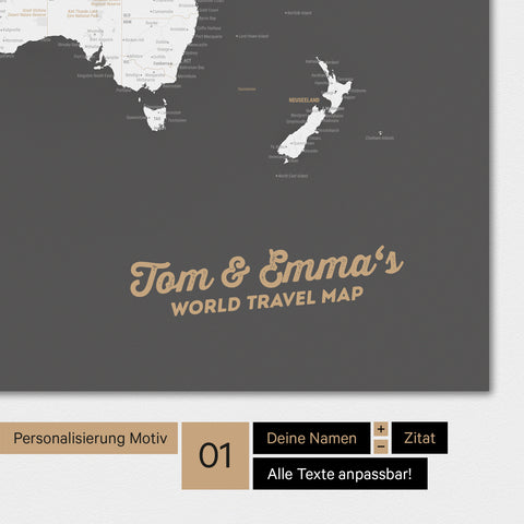 Personalisierte Weltkarte als Magnetposter in Dunkelgrau mit deinem Namen eingedruckt
