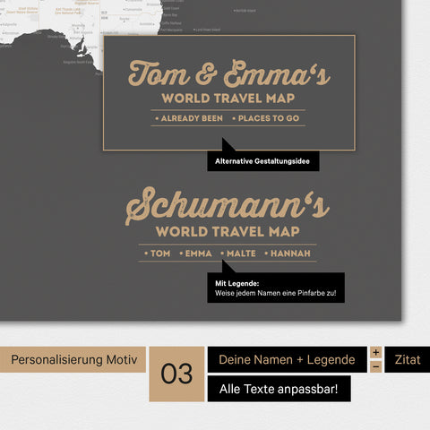 Magnetische Weltkarte in Dunkelgrau mit Personalisierung als Logo mit Familiennamen