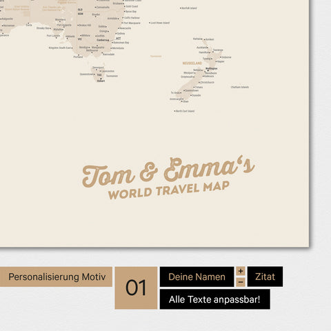 Personalisierte Weltkarte als Magnetposter in Gold mit deinem Namen eingedruckt