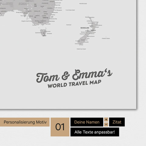Personalisierte Weltkarte als Magnetposter in Hellgrau mit deinem Namen eingedruckt