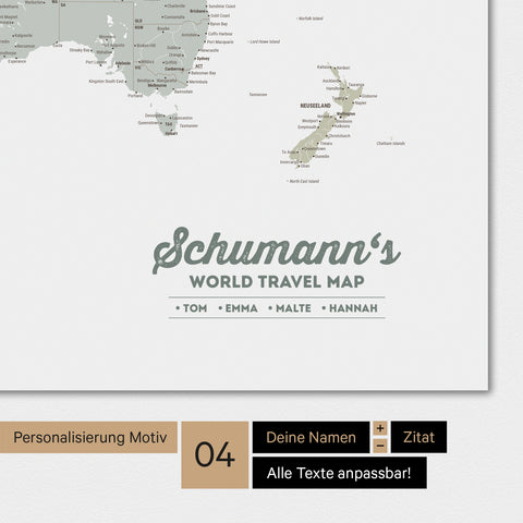 Magnetische Weltkarte in Multicolor Sage mit Personalisierung als Logo mit Familiennamen
