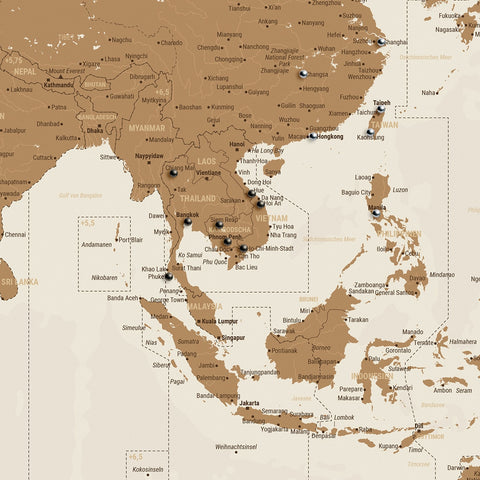 Weltkarte mit 38 UTC Zeitzonen als Pinn-Leinwand in der Farbe Bronze