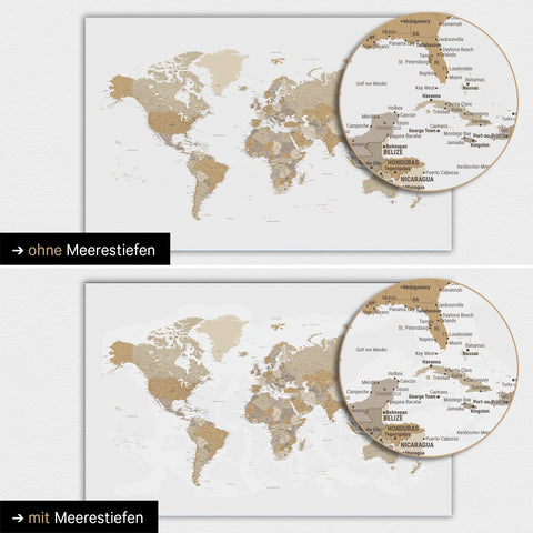 World map in multicolor beige with two-dimensional sea depths