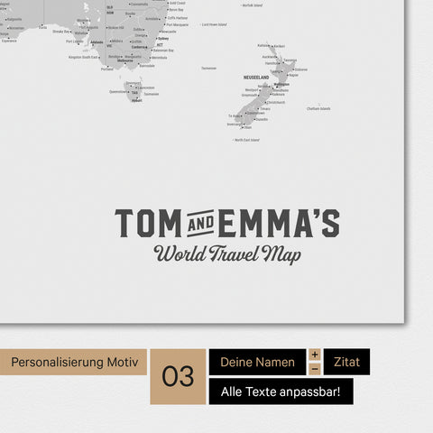 Weltkarte in Farbe Multicolor Gray mit einem Vintage-Logo als moderne Personalisierung
