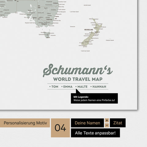 Weltkarte in Farbe Multicolor Sage mit Personalisierung als Familien-Logo