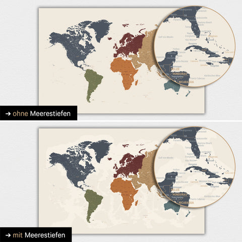 World map in multicolor vivid with two-dimensional sea depths