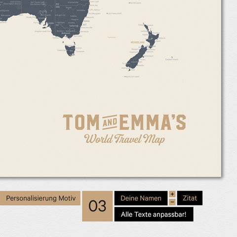 Weltkarte in Farbe Navy Light mit einem Vintage-Logo als moderne Personalisierung