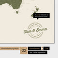 Alternative designs for personalization with your name on a world map in Olive Green color