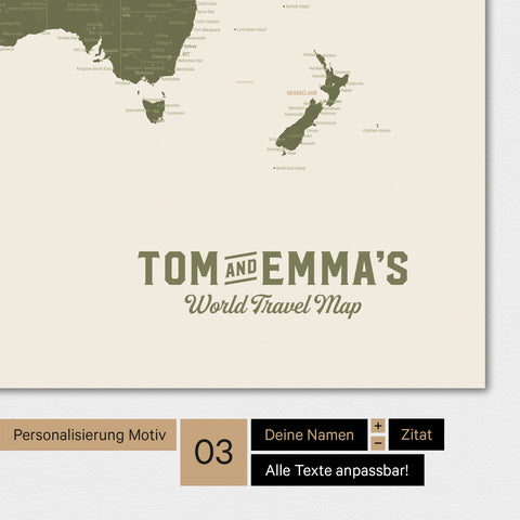 Weltkarte in Farbe Olive Green mit einem Vintage-Logo als moderne Personalisierung