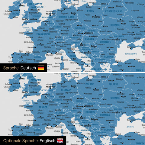 Weltkarte Leinwand in Blau wahlweise in deutscher oder englischer Sprache