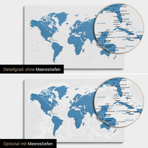 Weltkarte in Blau mit zweidimensionalen Meerestiefen