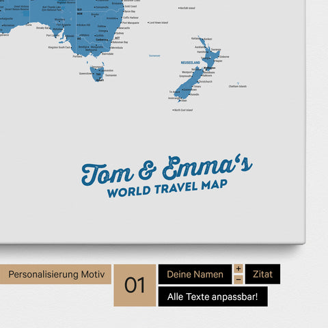 Weltkarte als Pinnwand Leinwand in Blau mit Personalisierung und Eindruck mit deinem Namen