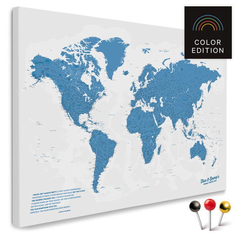 Weltkarte in Blau als Pinnwand Leinwand zum Pinnen und Markieren von Reisezielen kaufen