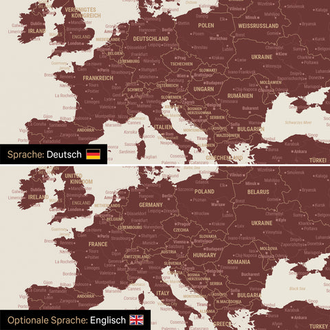Weltkarte Leinwand in Bordeaux Rot wahlweise in deutscher oder englischer Sprache