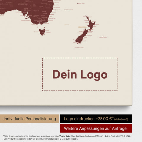 Weltkarte als Pinn-Leinwand in Bordeaux Rot, auf die ein Firmenlogo eingedruckt werden kann und weitere Individualisierungen als Sonderanfertigung vorgenommen werden können