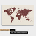 Neutrale und schlichte Ausführung einer Weltkarte als Pinn-Leinwand in Bordeaux Rot