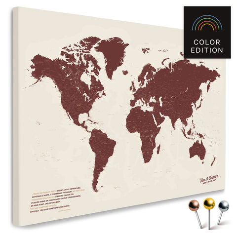 Weltkarte in Bordeaux Rot als Pinnwand Leinwand zum Pinnen und Markieren von Reisezielen kaufen