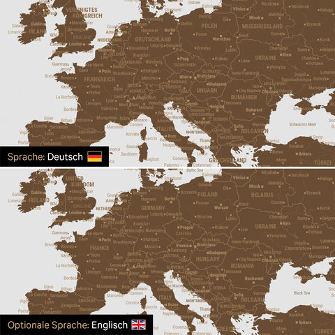 Weltkarte Leinwand in Braun wahlweise in deutscher oder englischer Sprache