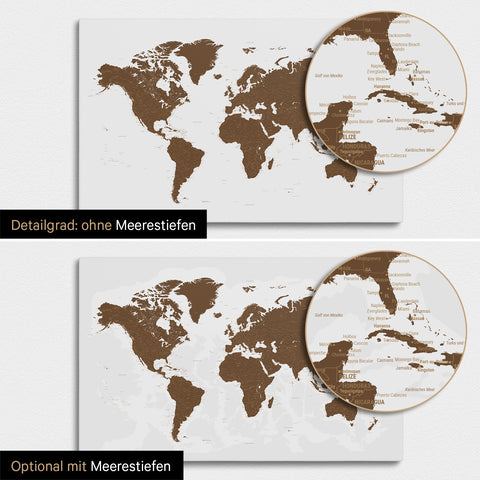 Weltkarte in Braun mit zweidimensionalen Meerestiefen
