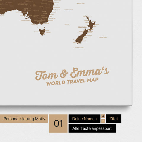 Weltkarte als Pinnwand Leinwand in Braun mit Personalisierung und Eindruck mit deinem Namen