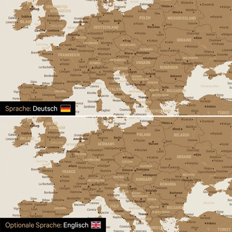 Weltkarte Leinwand in Bronze wahlweise in deutscher oder englischer Sprache