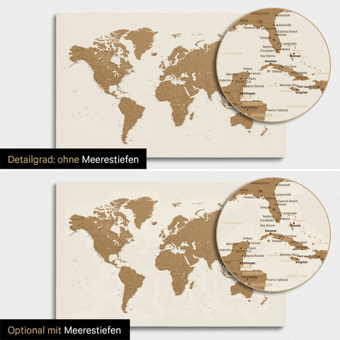 Weltkarte in Bronze mit zweidimensionalen Meerestiefen