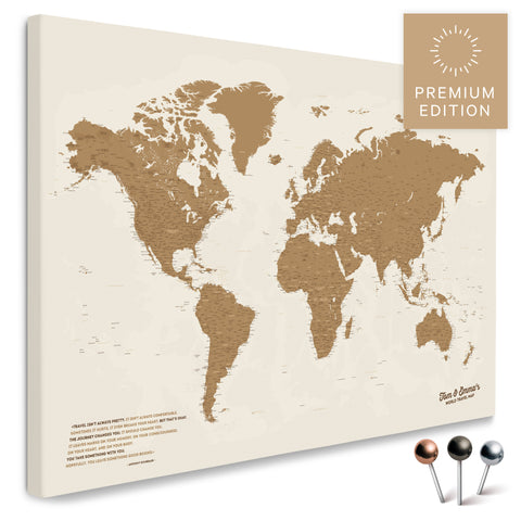 Weltkarte in Bronze als Pinnwand Leinwand zum Pinnen und Markieren von Reisezielen kaufen
