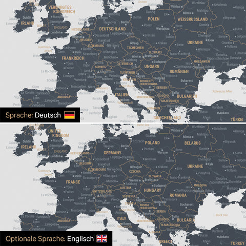 Weltkarte Leinwand in Denim Blue wahlweise in deutscher oder englischer Sprache